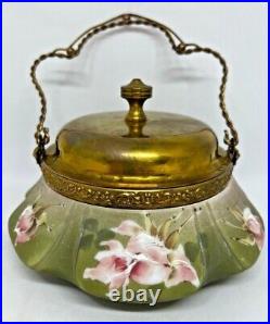 Nakara-C. F. Monroe-Green-Pink Floral Sweetmeat Jar With Gold Metal Handle/Lid