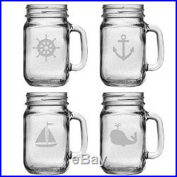 Nautical Icons Handled Drinking Mason Jars, Pint Glass Jars, Set of 4, 16 oz NEW