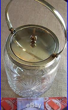 OLD SILVER on BRASS HANDLED CUT GLASS BISCUIT JAR WITH LID FANCY SERVING ITEM