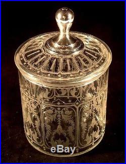 Old, Etched English Glass Biscuit Jar with Silver Handle