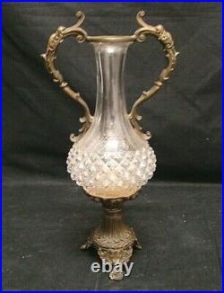 Old Jar Of Crystal With Two Handles And Base Bronze