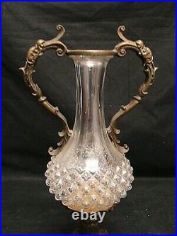 Old Jar Of Crystal With Two Handles And Base Bronze