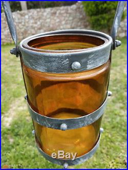 Orange Glass Jar with Metal Handle-Handmade Glass -Office -kitchen-Garden Decor