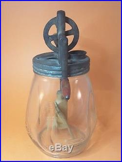 Original Antique DAZEY BUTTER CHURN NO. 4 Pear-shaped Glass Jar Red Wood Handles