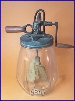 Original Antique DAZEY BUTTER CHURN NO. 4 Pear-shaped Glass Jar Red Wood Handles