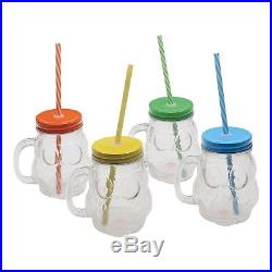 Owl Mason Jar Mugs 470ml Glass Cups with Handles, Lids and Straws Set of 4