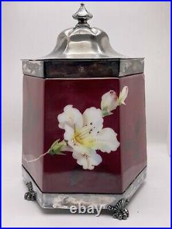 PAIRPOINT MT WASHINGTON Red Hand Painted Flowers Footed Biscuit Jar withLid