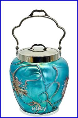 PALLME KONIG Art Nouveau Art Glass Biscuit Jar Chrome Lid Threaded Floral