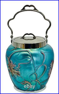 PALLME KONIG Art Nouveau Art Glass Biscuit Jar Chrome Lid Threaded Floral