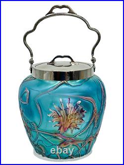 PALLME KONIG Art Nouveau Art Glass Biscuit Jar Chrome Lid Threaded Floral