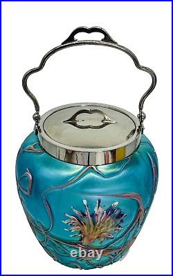 PALLME KONIG Art Nouveau Art Glass Biscuit Jar Chrome Lid Threaded Floral