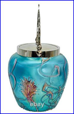 PALLME KONIG Art Nouveau Art Glass Biscuit Jar Chrome Lid Threaded Floral