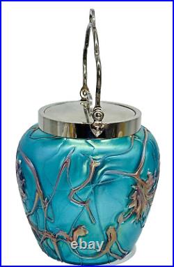 PALLME KONIG Art Nouveau Art Glass Biscuit Jar Chrome Lid Threaded Floral