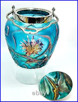 PALLME KONIG Art Nouveau Art Glass Biscuit Jar Chrome Lid Threaded Floral