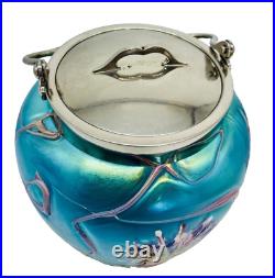 PALLME KONIG Art Nouveau Art Glass Biscuit Jar Chrome Lid Threaded Floral