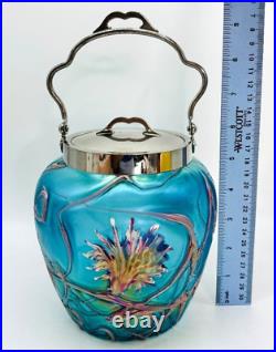 PALLME KONIG Art Nouveau Art Glass Biscuit Jar Chrome Lid Threaded Floral