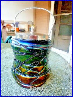 PALLME KONIG THREADED CRACKER JAR withBRIGHT IRIDESCENCE & SILVERPLATED LID/HANDLE