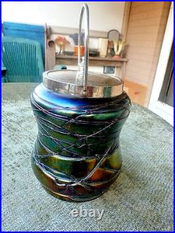 PALLME KONIG THREADED CRACKER JAR withBRIGHT IRIDESCENCE & SILVERPLATED LID/HANDLE