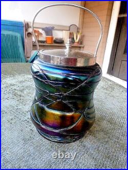 PALLME KONIG THREADED CRACKER JAR withBRIGHT IRIDESCENCE & SILVERPLATED LID/HANDLE