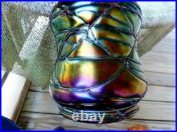 PALLME KONIG THREADED CRACKER JAR withBRIGHT IRIDESCENCE & SILVERPLATED LID/HANDLE