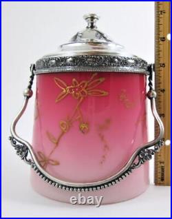 PEACHBLOW cracker/BISCUIT JAR Antique NEW ENGLAND GLASS Gold Enamel decor