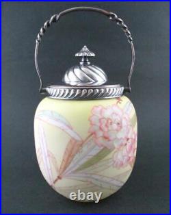 PEONIES antique CROWN MILANO / Mt. Washington art glass BISCUIT cracker JAR