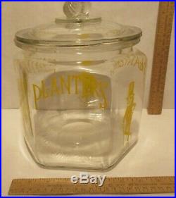 PLANTERS MR. PEANUT Yellow on Clear SIX SIDED JAR with LID PEANUT HANDLE