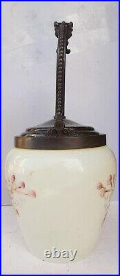 Painted Floral Milk Glass Biscuit Jar with Silver-plated Lid & Handle, Victorian