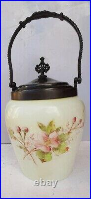 Painted Floral Milk Glass Biscuit Jar with Silver-plated Lid & Handle, Victorian