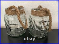 Pair Of Large Glass Hurrican Jars With Rope Handle Planter Candlesdefect Crack