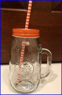 Pair Vintage Style Country Drinking Jar Glasses withLid, Handle Straw Orange Blue