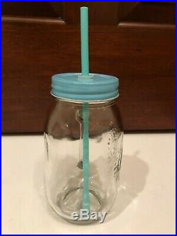 Pair Vintage Style Country Drinking Jar Glasses withLid, Handle Straw Orange Blue