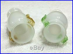 Pair of Antique Bohemian White Glass Jars Vials with Yellow and Green Handles