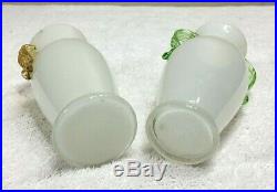 Pair of Antique Bohemian White Glass Jars Vials with Yellow and Green Handles