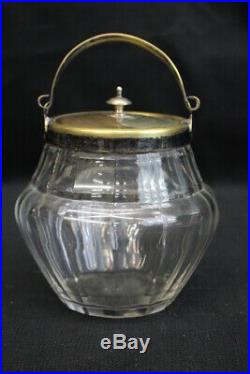 Pair of Antique Glass Biscuit Jars with Silverplate Lid and Handles C. 1900