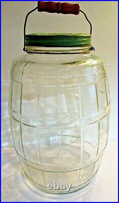Pickle Jar Large Barrel Shaped Glass Screw Top & Bale Wood Handle Vintage