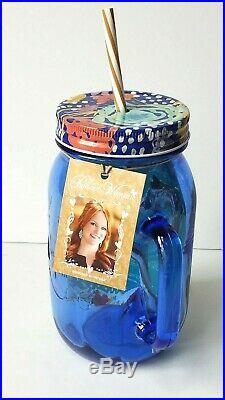 Pioneer Woman 32oz Drinking Glass Mason Jar Handle Lid & Straw Sapphire Blue NWT