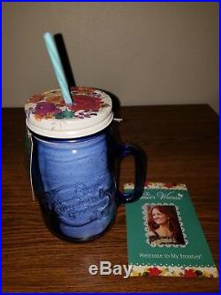 Pioneer Woman Drinking Glass Mason Jar with Handle, Lid & Straw 32oz Sapphire Blue
