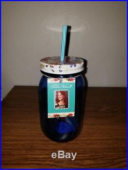 Pioneer Woman Drinking Glass Mason Jar with Handle, Lid & Straw 32oz Sapphire Blue