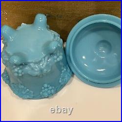 Portieux Vallerysthall Opaline Turquoise Blue Milk Glass Jam Jar Grape Pattern