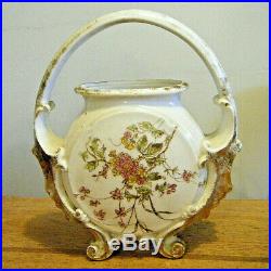 Pretty Victorian Hand Painted Milk Glass Footed Handled Biscuit Jar Basket