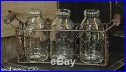 Primitive Country Chicken Wire Basket with Wood Handles 3 Glass Cream Bottles Jars