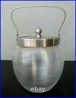 RARE ANTIQUE EAPG REEDED SPUN GLASS BISCUIT JAR with METAL LID & HANDLE