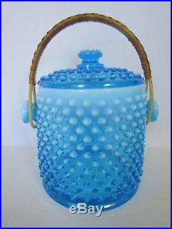 RARE Fenton Blue Opalescent Hobnail Glass Cookie Jar with Handle1941