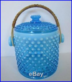 RARE Fenton Blue Opalescent Hobnail Glass Cookie Jar with Handle1941