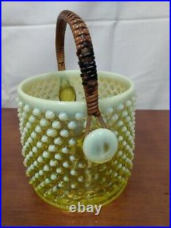 RARE Fenton VASELINE OPALESCENT Topaz Hobnail Art Glass Wicker Handle COOKIE JAR