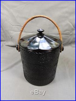 RARE Fry Glass Black Amethyst SUNNYBROOK Cookie Jar Ice Bucket and Wicker Handle