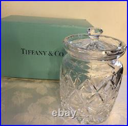RARE Signed TIFFANY CRYSTAL BISCUIT LIDDED JAR SIGNED TRELLIS 7 1/4 with Box