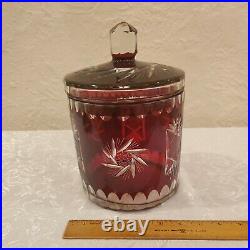 Rare Antique Large Burgundy Cut To Clear Bohemian Czec Art Glass Bisket Jar