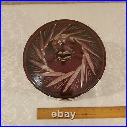 Rare Antique Large Burgundy Cut To Clear Bohemian Czec Art Glass Bisket Jar